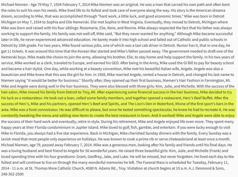 Hercs Beef Buffet - 2014 Obituary For Michael Niemen